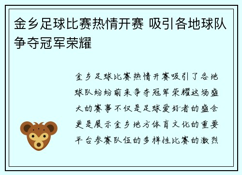 金乡足球比赛热情开赛 吸引各地球队争夺冠军荣耀