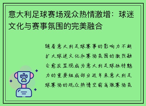 意大利足球赛场观众热情激增：球迷文化与赛事氛围的完美融合