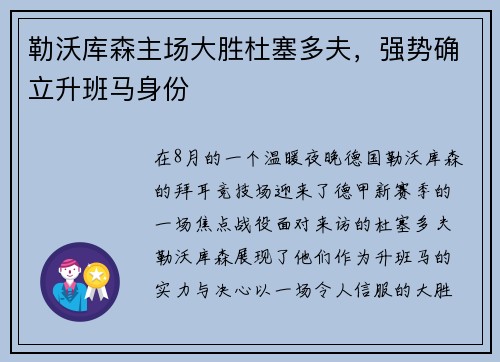 勒沃库森主场大胜杜塞多夫，强势确立升班马身份