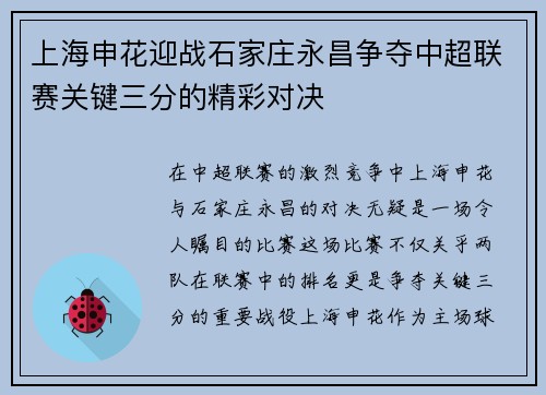 上海申花迎战石家庄永昌争夺中超联赛关键三分的精彩对决