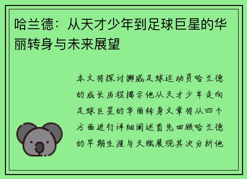 哈兰德：从天才少年到足球巨星的华丽转身与未来展望