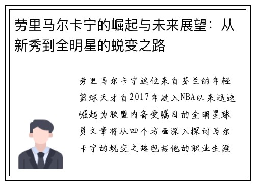 劳里马尔卡宁的崛起与未来展望：从新秀到全明星的蜕变之路