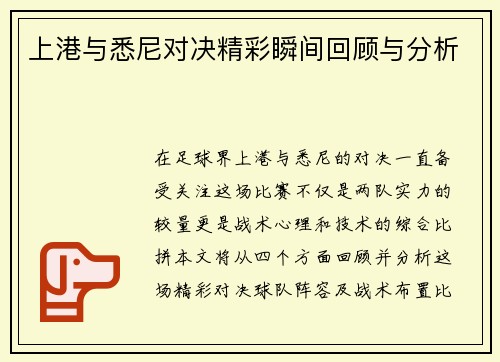 上港与悉尼对决精彩瞬间回顾与分析