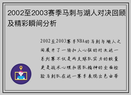 2002至2003赛季马刺与湖人对决回顾及精彩瞬间分析